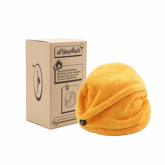 Picture of myHomeBody Hair Towel Wrap | Luxury Rapid-Dry Hair-Drying Turban | Ultra Soft and Quick Drying Absorbent Charcoal Fiber, with Coconut Shell Button - Mango