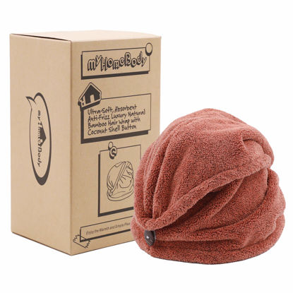 Picture of myHomeBody Hair Towel Wrap | Luxury Rapid-Dry Hair-Drying Turban | Ultra Soft and Quick Drying Absorbent Charcoal Fiber, with Coconut Shell Button - Cinnamon