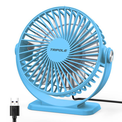 Picture of TriPole USB Powered Desk Fan Small Personal Fan 3 Speeds Strong Airflow Mini Fan 360°Rotation Portable Fan 5.1 Inch Table Fan for Home Office Bedroom Desktop, Blue, 4.9ft Cable