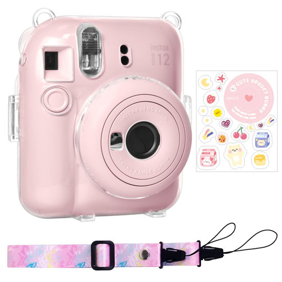 Picture of Rieibi Clear Case for Fuji Instax Mini 12/Polaroid mini 12, Case for Fujifilm Instax Mini 12 Instant Camera with Back Photos Pocket, Removable Shoulder Strap and Beautiful Sticker - Pink