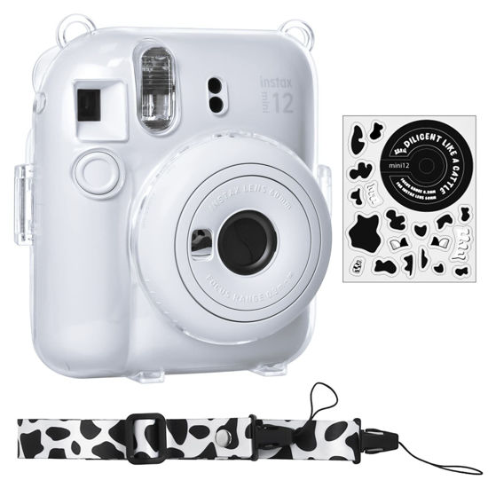 Picture of Rieibi Clear Case for Fuji Instax Mini 12/Polaroid mini 12, Case for Fujifilm Instax Mini 12 Instant Camera with Back Photos Pocket, Removable Shoulder Strap and Beautiful Sticker - Milk