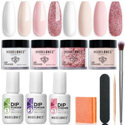 Picture of Modelones Dip Powder Nail Kit Starter, 4 Colors Nude Pink Bubble Bath Glitter Snow White Neutral Skin Dipping Powder Liquid Set with Base Top Coat Activator French Nail Art Manicure DIY Salon All-in-One Beginner Extension Kit