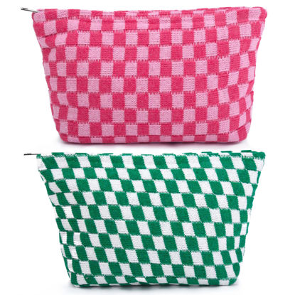 Picture of SOIDRAM 2 Pieces Makeup Bag Large Checkered Cosmetic Bag Pink Green Capacity Canvas Travel Toiletry Bag Organizer Cute Makeup Brushes Aesthetic Accessories Storage Bag for Women