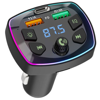 Picture of Bluetooth 5.0 FM Transmitter for Car usb charger Adapter cigarette lighter Wireless Radio Receiver Audio with phone Type-C PD and 2 USB Ports Support TF Card&U Disk Music Player Kit Hands-Free Calling