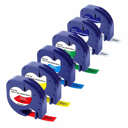 Picture of Bigger 6 Pack Compatible Label Tapes Replacement for Dymo LT100H LT100T QX50 LetraTag Refills Plastic Label Tape 16952 91331 91332 91333 91334 91335 (1/2" x 13'), 12mm x 4m