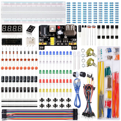 Picture of Miuzei Electronics Component Fun Kit with Supply Module, Jumper Wire, 830 Tie-Points Breadboard, Precision Potentiometer, Resistor, LED, Compatible with Arduino, Raspberry Pi, STM32