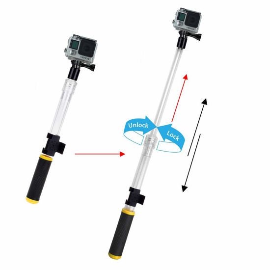 Picture of Extension Pole for Gopro Waterproof Telescopic Pole, Number-one Transparent Floating Hand Grip, Extendable Monopod Selfie Stick 14-24'' with Mount Clip for GoPro Hero 6/5/4/3 AKASO YI 4K Action Camera