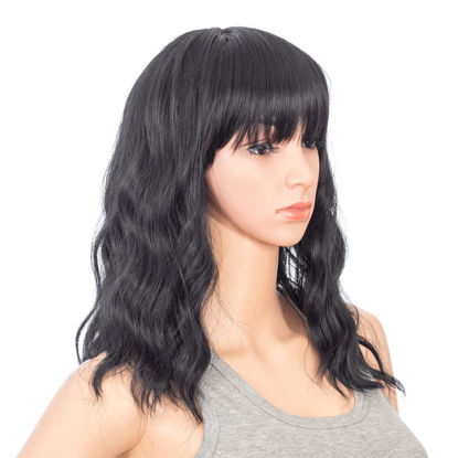 Picture of SWACC Short Curly Wavy Bob Wig with Bangs Synthetic Medium Shoulder Length Hair Wig for Women with Wig Cap (Black-1B)