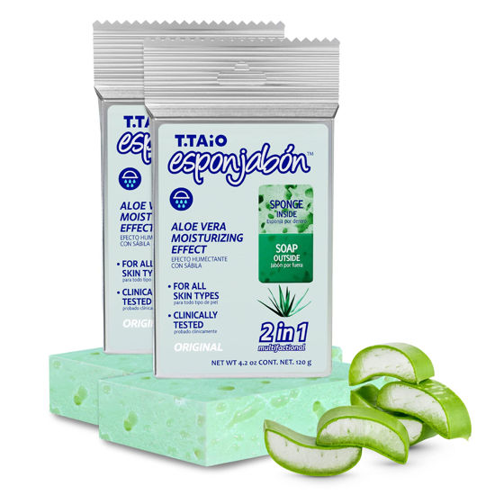 Picture of T.Taio Esponjabon Aloe Vera Soap Sponge - Gentle Shower Scrubber - Cleaning Bath Wash Scrub - Dirt & Oil Removal - Massage & Lather Foot, Elbow, & Face - Bathroom Accessories - Fresh Scent (2-Pack)…