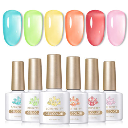 Picture of Born Pretty Jelly Gel Nail Polish Set Spring Summer Crystal Glass Translucent Pastel Gel Polish Blue Red Green Yellow Pink Soak Off UV Gel Polish 10ML 6PCS