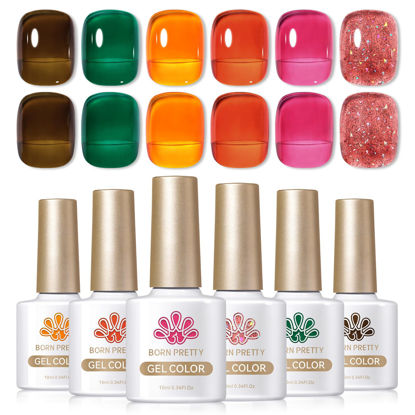 Picture of Born Pretty Jelly Gel Nail Polish Fall Winter Crystal Transparent Gel Polish Set Translucent Sheer Clear Gel Polish Red Coral Burnt Orange Green Grey Amber Brown 6 Colors Gift Collection Manicure Kit