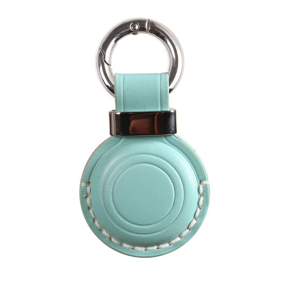 Picture of KEEPXYZ Genuine Leather Airtag Holder Suitable for Apple Airtag Keychain Leather, Secure Air Tag Holder with Stainless Steel Ring Lock, Durable Airtag Case Cover Key Ring - Cyan V2.0 (No Hole)