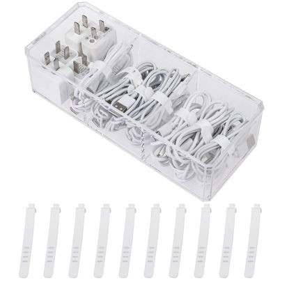 Picture of Yesesion Clear Plastic Cable Organizer Box with 10 Wire Ties, Electronics Management Organizer with 3 Compartments, Desk Accessories Storage Case for Drawer, Power Cord, Office, Stationery Supplies