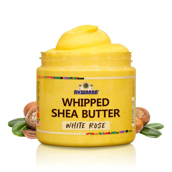 Picture of AKWAABA Whipped Shea Butter (White Rose) 12 oz - Body & Hair Moisturizer - With Raw Shea Butter from Ghana - Rich Vitamins A and E - Natural Yellow