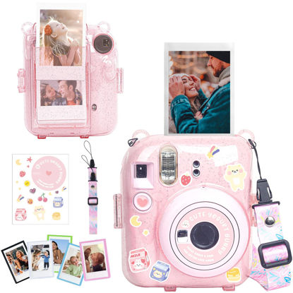 Picture of CAIYOULE Clear Case for Fujifilm Instax Mini 12 Instant Camera, Fuji Instax 12 Glitter Case with Newly Upgraded Photo Storage Pocket and Cute Shoulder Strap - Glitter Pink