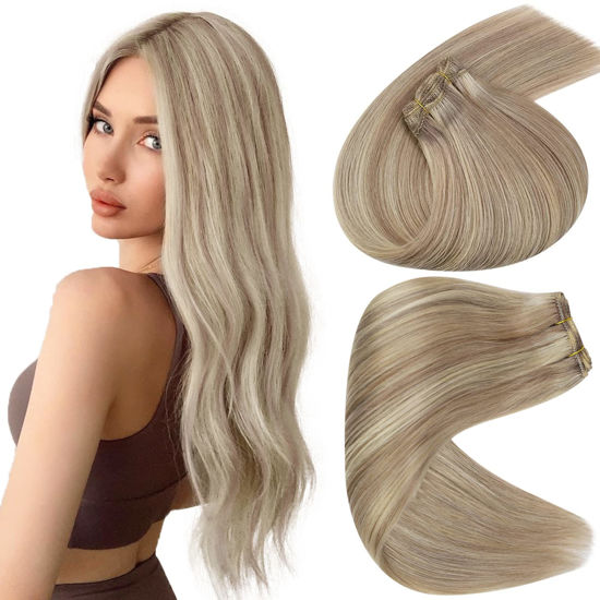 Picture of Sunny Weft Hair Extensions Human Hair Blonde Sew in Hair Extensions Remy Human Hair Highlights Ash Blonde Mix Bleach Blonde Human Hair Extensions Sew in Double Weft Hair Extensions 100g 24inch