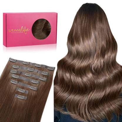 Picture of WENNALIFE Seamless Clip In Hair Extensions, 20 Inch 150g 7pcs Chocolate Brown Hair Extensions Clip in Human Hair Invisible PU Skin Weft Natural Remy Human Hair Extensions