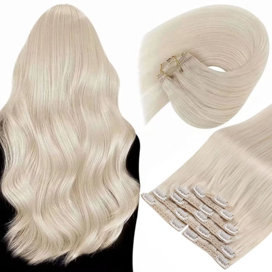 Picture of Sunny Clip in Hair Extensions Real Human Hair Platinum Blonde Hair Extensions Clip in Human Hair Blonde Extensions Clip ins Human Hair for Women Long Hair Blonde 120g 24inch