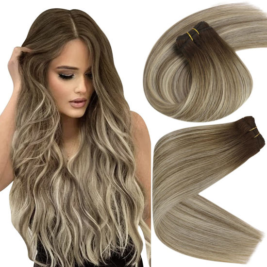 Picture of Sunny Sew in Human Hair Extensions Ombre Brown Weft Hair Extensions Human Hair Dark Brown Ombre Light Brown Mix Blonde Sew in Hair Extensions Real Human Hair Balayage 24inch 100g