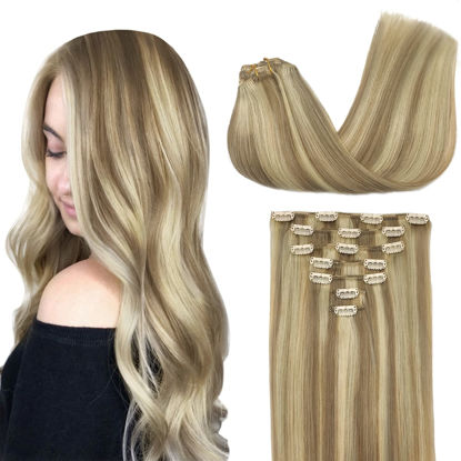 Picture of GOO GOO 7pcs 120g 22 Inch Human Hair Extensions Clip in Highlighted Blonde Light Blonde Mixed Golden Blonde Hair Extensions Clip in Remy Thick Hair Real Straight Natural Hair Extensions