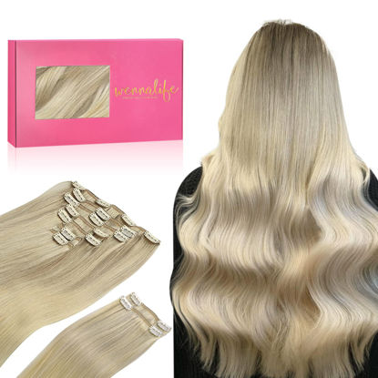 Picture of WENNALIFE Clip in Hair Extensions, 150g 18 Inch 9pcs Ash Blonde to Golden Blonde and Platinum Blonde Human Hair Extensions Thicker Clip in Hair Extensions Real Human Hair Clip Set Double Weft