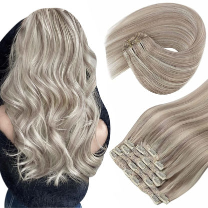 Picture of Sunny Clip in Hair Extensions Human Hair Dirty Blonde Clip in Real Human Hair Extensions with Highlights Hair Clip in Extensions Dirty Blonde Highlights Platinum Blonde Double Weft 120g 7pcs 22inch