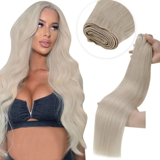 Picture of LAAVOO Real Hair Weft Extensions Human Hair Platinum Blonde 22inch 100g Weft Hair Extensions Weave in Extensions for Women Blonde Remy Human Hair Extensions Doublde Weft Long Straight