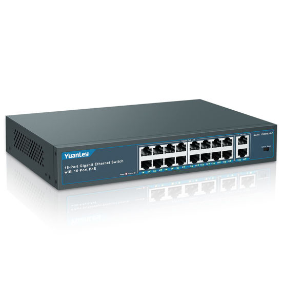 Picture of YuanLey 16 Port Gigabit PoE Switch with 2 Gigabit Uplink, 16 PoE+ Port 1000Mbps, 250W 802.3af/at, Metal Desktop/Rackmount, Unmanaged Plug and Play Network Switch