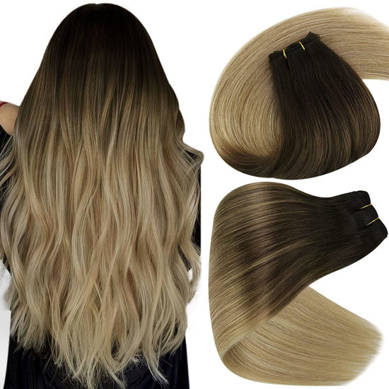 Picture of Sunny Human Hair Extensions Sew in Ombre Weft Hair Extensions Ombre Dark Brown Faded to Brown Mix Ash Blonde Human Hair Weft Extensions Double Weft Sew in Hair Extensions Human Hair 100g 24inch