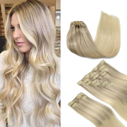 Picture of GOO GOO Clip-in Hair Extensions for Women, Soft & Natural, Handmade Real Human Hair Extensions, Ash Blonde to Golden Blonde and Platinum Blonde, Long, Straight (T17/22) P60, 9pcs 150g 18inch