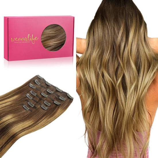 Picture of WENNALIFE Clip in Hair Extensions, 24 Inch 120g 7pcs Balayage Chocolate Brown to Caramel Blonde Hair Extensions Clip in Human Hair Remy Clip in Hair Extensions Real Human Hair Double Weft