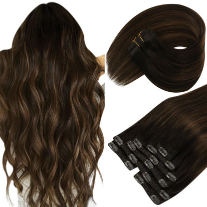 Picture of Sunny Human Hair Clip in Extensions Balayage Brown Clip in Hair Extensions Balayage Dark Brown Mix Medium Brown Real Human Hair Extensions Clip Ins 24Inch 7Pcs 120G