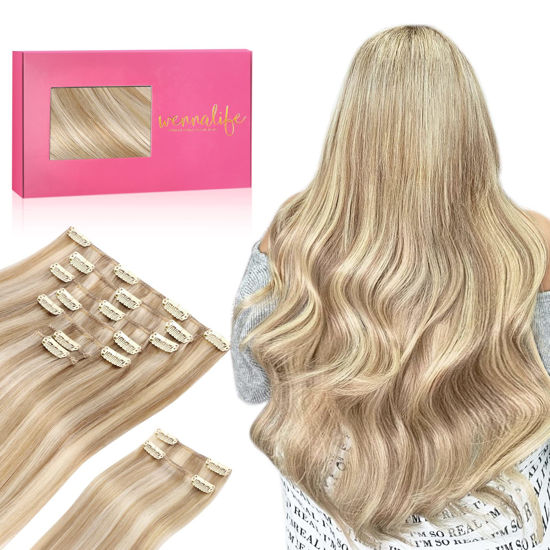 Picture of WENNALIFE Clip in Hair Extensions Real Human Hair, 20 Inch 150g 9pcs Haman Hair Extensions Clip In, Dirty Blonde Highlighted Bleach Blonde Hair Extensions Clip In Real Hair Coloured Remy Human Hair Extensions