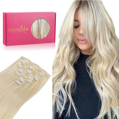 Picture of WENNALIFE Clip in Hair Extensions, 22 Inch 120g 7pcs Platinum Blonde Hair Extensions Clip in Human Hair Remy Clip in Hair Extensions Real Human Hair Double Weft