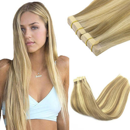 Picture of GOO GOO Tape in Hair Extensions 40pcs 100g 22in Straight Light Blonde Highlighted Golden Blonde 100% Real Human Hair Extensions Skin Weft Human Remy Tape in Seamless Hair Extensions for Women