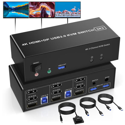 Picture of 2 Displayport + HDMI USB 3.0 KVM Switch 3 Monitors 2 Computers, 4K@60Hz Triple Monitor KVM with Audio Microphone Output and 3 USB 3.0 Ports, KVM Triple Monitor Keyboard Mouse Switcher