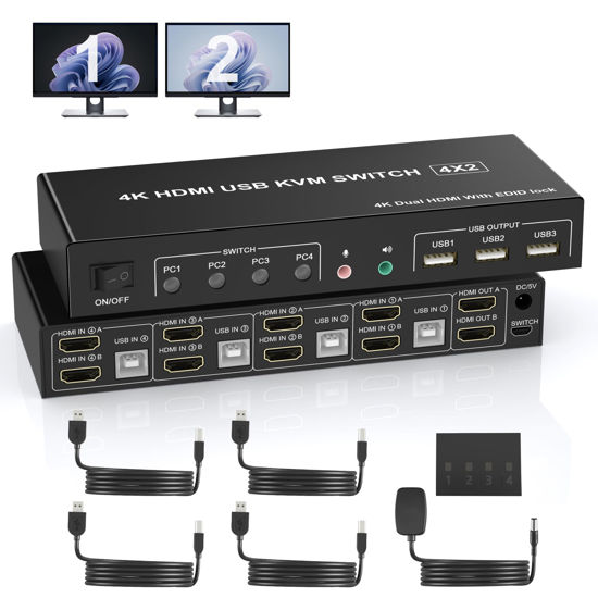 Picture of 4 Port HDMI Dual Monitor KVM Switch, Supports EDID, 4K 60Hz KVM Switch 2 Monitors 4 Computers, with Audio Microphone Output and 3 USB 2.0 Ports, PC Monitor Keyboard Mouse Switcher for 4 PCs