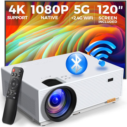 Picture of Mini Projector with 5G WiFi and Bluetooth, ALVAR 15000L 450 ANSI Native 1080P Portable Projector 4K Support, Outdoor Movie Projector with 120" Screen & 400" Display Compatible w/ TV Stick/HDMI/USB/PS5