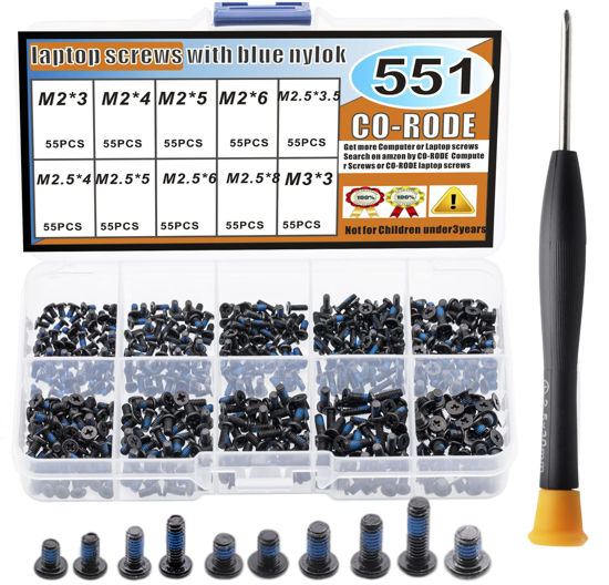 Picture of CO-RODE 551pcs Laptop Screws Kit, Notebook Computer Screw Set w/Blue Glue,Screw Driver, for SSD Motherboard Fan Power Graphics Hard Drive