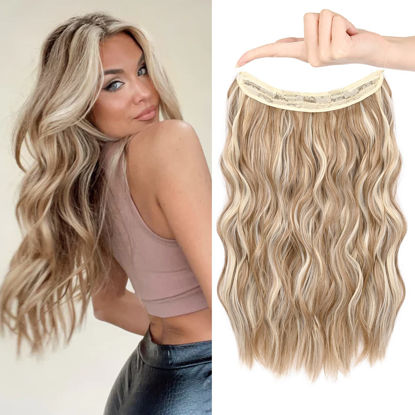 Picture of HOOJIH Wire Hair Extensions with 2 Removable Clips 12 Inch Wavy Curly Hair Invisiable Transparent Wire Extensions Hairpieces for Women - Honey Blonde with Lightest Blonde Highlights