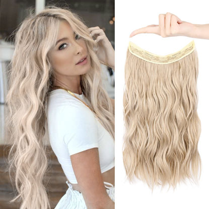 Picture of HOOJIH Wire Hair Extensions with 2 Removable Clips 16 Inch Wavy Curly Hair Invisiable Transparent Wire Extensions Hairpieces for Women - Light Golden Blonde