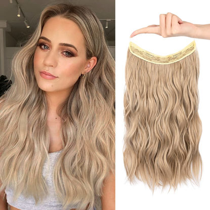 Picture of HOOJIH Wire Hair Extensions with 2 Removable Clips 16 Inch Wavy Curly Hair Invisiable Transparent Wire Extensions Hairpieces for Women - Medium Blonde