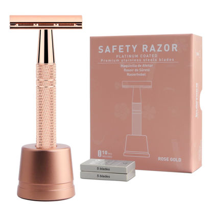 Picture of Rose Gold Double Edge Safety Razor with Stand for Women, Reusable Metal DE Razor with 10 Platinum Coated Double Edge Safety Razor Blades, Travel Rssentials Shave Kit for Women