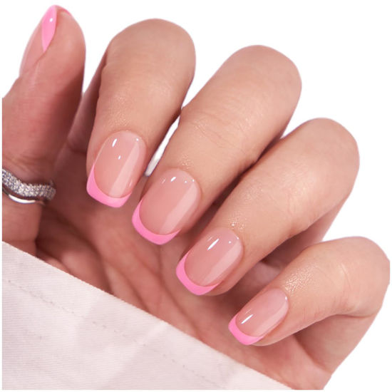 Picture of French Tip Press On Nails - BTArtbox Square False Nails with Glue, Fit Perfectly & Natural Reusable Stick On Nails in 15 Sizes, 30 PCS Soft Gel Glue On Nails Kit, Dolce Pink