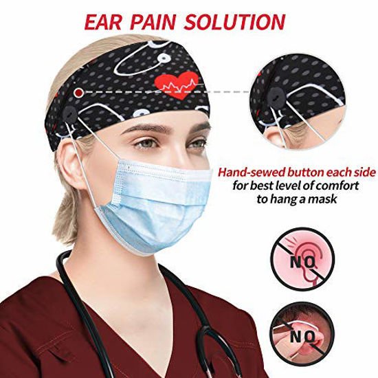 Picture of Headbands with Button for Mask, Wide Nurses Headbands Non Slip Elastic Ear Protection for Women Men Doctors Sweatband Head Wrap