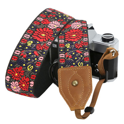 Picture of Retro Red Floral Camera Strap - 2 inch Wide Cowhide Head Shoulder Strap ,Vintage Jacquard Embroidery Multi-pattern camera straps for Cameras and Binoculars,Adjustable Wide Neck Strap for Photographers