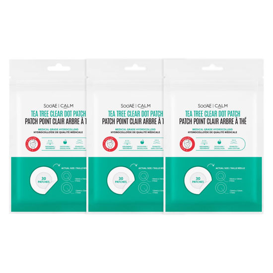 Picture of SOO’AE Calm Tea Tree Clear Dot Acne Patch - Pack of 3 (90 patches) Acne Blemish Pimple Patch · FDA Registered · Medical grade Hydrocolloid Spot Treatment Fast Healing, Blemish Zits Cover, 2 Sizes