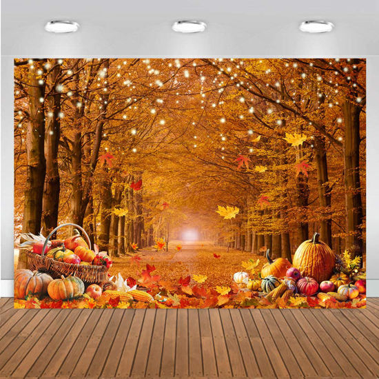 Picture of CHAIYA 7x5ft Autumn Maple Forest Photography Backdrop Autumn Harvest Backdrop Thanksgiving Background Pumpkin Decoration Party Backdrops Thanksgiving Backdrops Fall Photo Backdrops CY-238