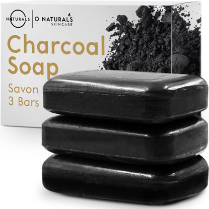 Picture of O Naturals 3 Pack Activated Charcoal Black Bar Soap Peppermint Oil Detoxifying Face Body Hand Soap Organic Shea Butter Vegan 100% Natural Soap for Men & Women 12oz Total