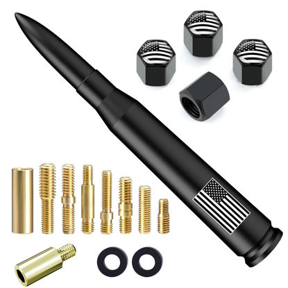 Picture of Car Truck 50 Cal Bullet Antenna Stubby with Valve Stem Caps Vehicle Stubby Replacement Mast for Ford F150 F250 F350 Super Duty Raptor Dodge RAM GMC Sierra Chevy Silverado 1500 2500 3500 HD Matt Black